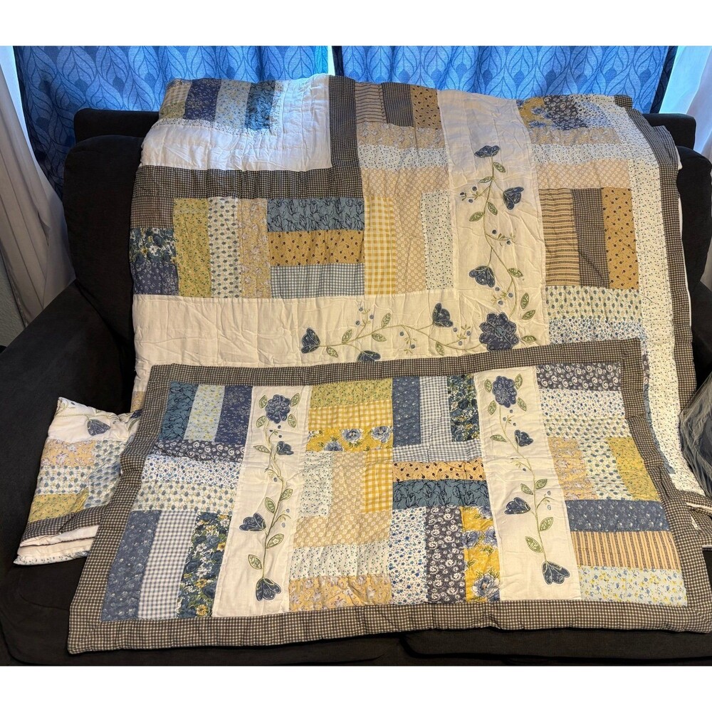 Floral Y2K log cabin machine pieced hand quilted vtg quilt king set pillowcase